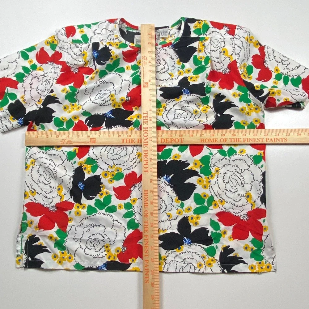 Josephine Vintage Floral Blouse Short Sleeve Shoulder Pads White Red Green Sz 14